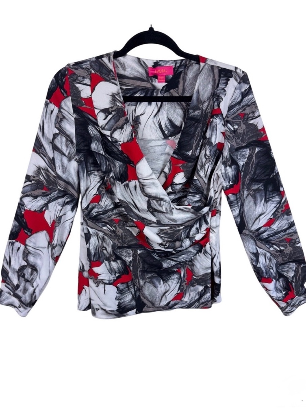 LaVia18 Piazza Sempione Red Black Floral Surplice Draped Blouse IT 44 US 8